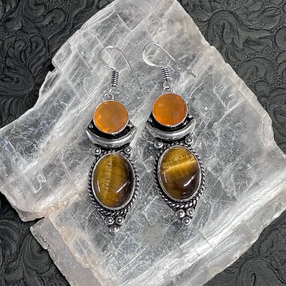 Tigers Eye and Carnelian Crescent Moon Earrings Crystal Stone Jewelry - Picture 5 of 6